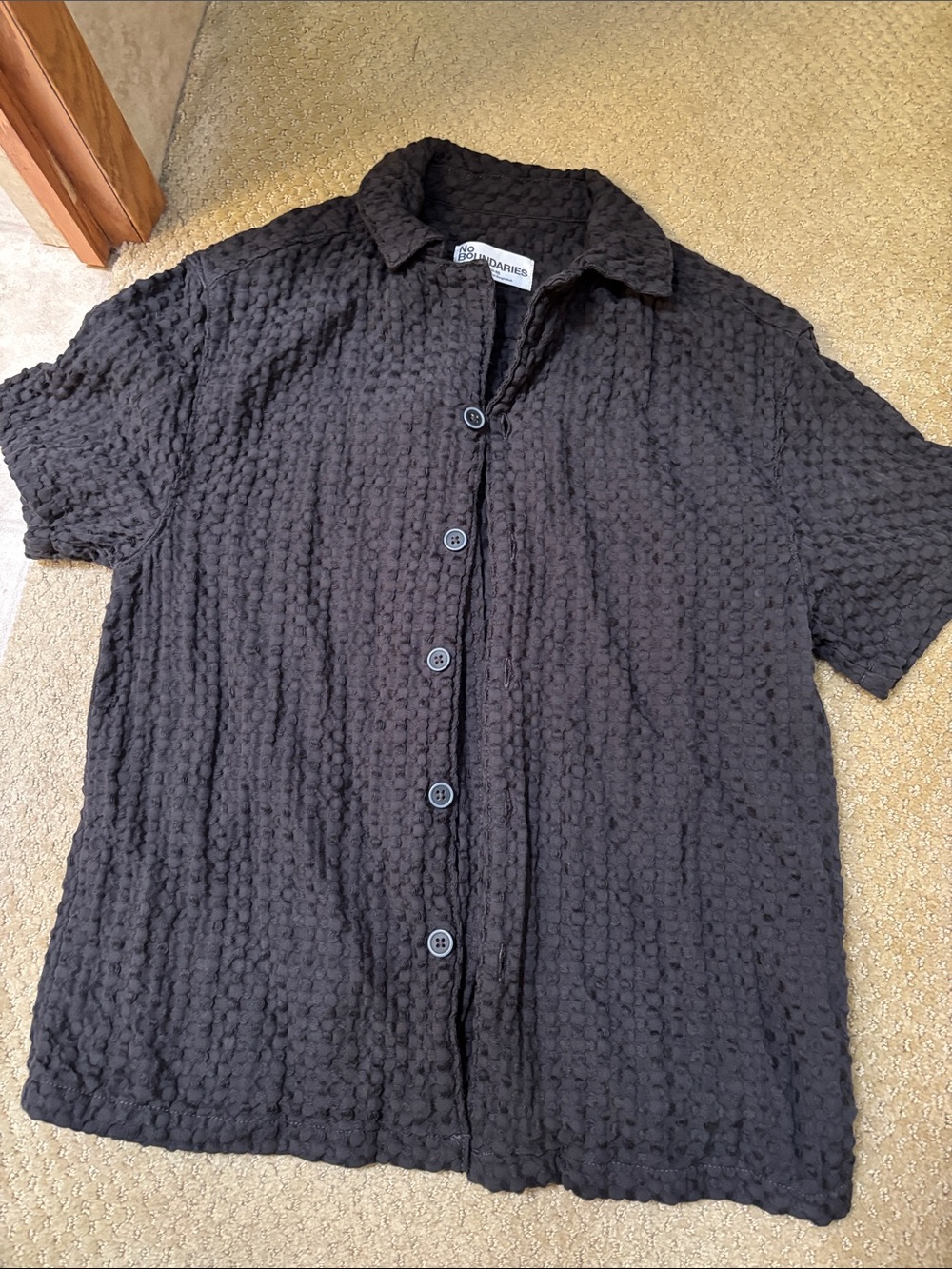 Black Textured Short-Sleeve Button-Down Shirt